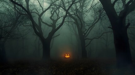 Fototapeta premium A solitary jack-o-lantern glows eerily in the foggy forest, the trees casting long dark shadows.