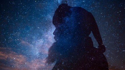 Obraz premium Ethereal silhouette merges with the cosmic tapestry, dreams woven amongst the stars, a celestial dance.