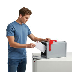 Man putting mail in modern gray mailbox home delivery postal service letter envelope correspondence one hundred on transparent background