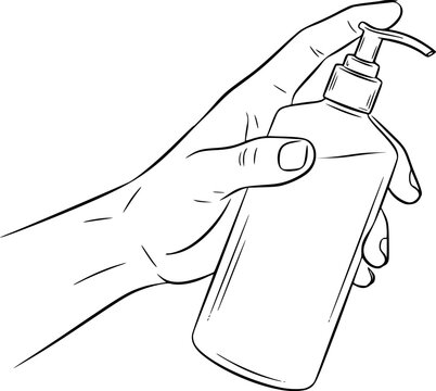 hand holding soap dispenser, black and white clip art preview