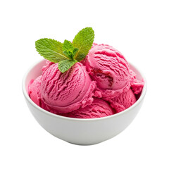 Delicious pink ice cream scoops in bowl with mint leaves summer dessert food photography recipe concept on transparent background
