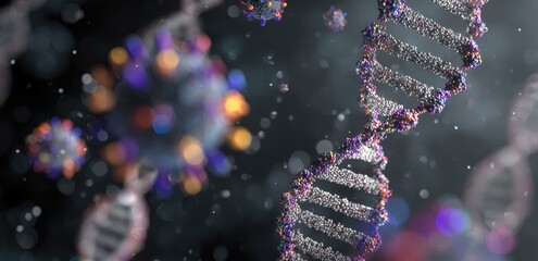 A conceptual image shows a virus particle near DNA strands against a dark background