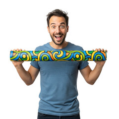 Excited man holding colorful patterned tube product display marketing advertising promotion concept on transparent background