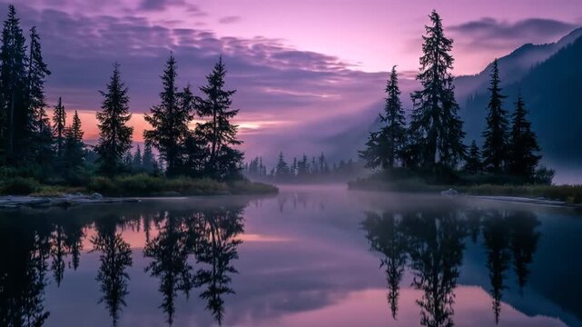 Tranquil lake landscape with mountains and evergreen trees at sunset