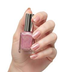 Pink glitter nail polish held by hand manicure beauty salon nail art fashion stylish fingernails care product on transparent background