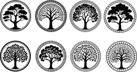 Circular tree silhouette vector set with decorative frames, black botanical icons, abstract foliage illustrations, artistic seasonal graphics, symbolic nature bundle, creative designs