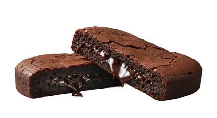Ultra-wide macro shot of a freshly sliced dark chocolate fudge brownie with molten, gooey interior and a whole brownie with crispy crust, steam rising on a transparent background, studio food