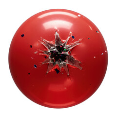 Vibrant red latex balloon bursting, intricate stress lines, jagged tear, dark void, iridescent confetti, seamless transparent background, soft shadow, professional studio lighting, concept of