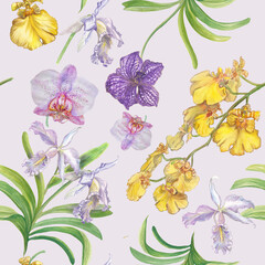 Watercolor seamless pattern illustration of a yellow orchid flower with green leaves, hand-painted in realistic botanical style. 