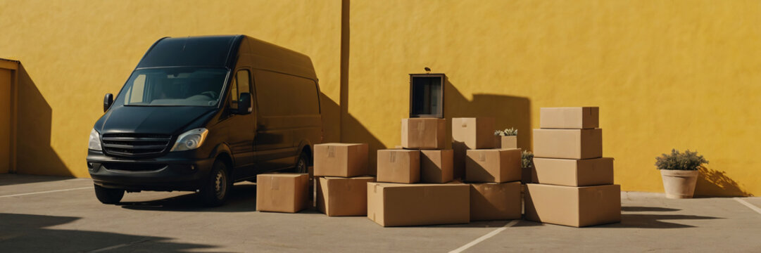 A sleek black delivery van is parked next to a bright yellow wall, with stacks of cardboard boxes nearby, symbolizing efficient logistics and transportation