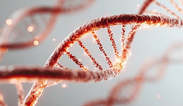 Macro shot of a DNA double helix strand, glowing red, against a blurred light background
