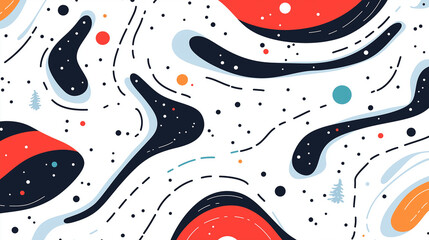 Abstract winter pattern with red, navy, and light blue shapes on white background, modern festive design with snowflakes and dotted lines