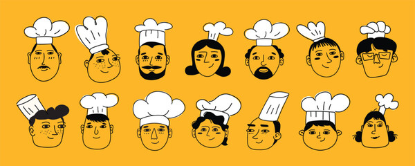 A collection of stylized chef portraits on a yellow background with white hats. Perfect for menu design, restaurant branding, or culinary miniatures.