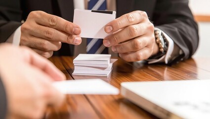 Businessmen exchanging business cards at a meeting.