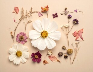 High-resolution floral composition with blooming wildflowers and dried petals on neutral beige background, flat lay aesthetic, soft natural lighting, luxury home decor vibe, warm color palette