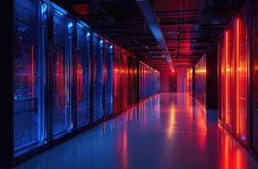 Long server room hallway lit with blue and red lights, perspective vanishing point