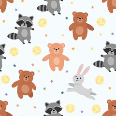 Cute woodland creatures with moon and stars seamless pattern.