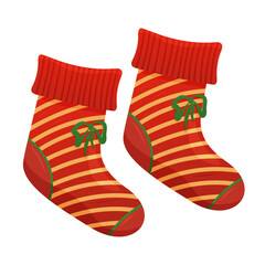 Decorative red and yellow striped Christmas socks with green bows. holiday celebration and warmth