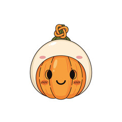 A cute little pumpkin wearing a ghost costume in a cheerful and playful manner.