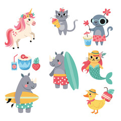 Whimsical cartoon animals enjoying a summer vacation at the beach.