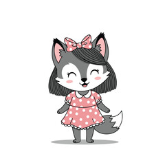 A cute cartoon wolf girl wearing a pink polka dot dress and a bow.