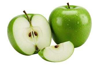 Macro shot of whole, halved, and bitten granny smith apples on a transparent studio background, showcasing crisp green skin, juicy white flesh, and seeds. Concept of fresh fruit deliciousness