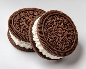Close-up of two chocolate sandwich cookies with intricate embossed patterns and white cream filling