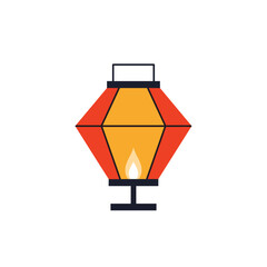 A traditional oriental lantern illuminated with a glowing flame inside its geometric glass panels.