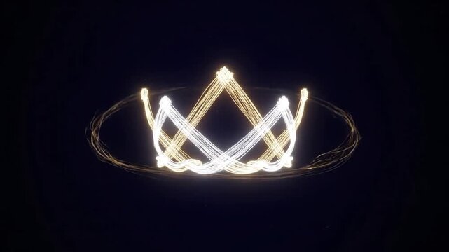 Luminous silver and gold light trails elegantly draw royal crown. An animated symbol of royalty and power forms against dark backdrop.