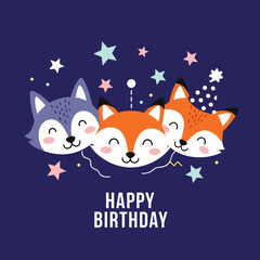 Happy birthday to three cute foxes with stars and balloons.