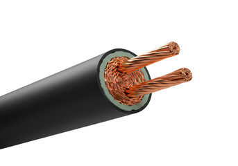 Extreme macro shot of a matte black electrical cable, precisely cut in half revealing gleaming copper strands, crisp insulation on a transparent background, dramatic studio lighting. Concept of