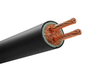 Extreme macro shot of a matte black electrical cable, precisely cut in half revealing gleaming copper strands, crisp insulation on a transparent background, dramatic studio lighting. Concept of