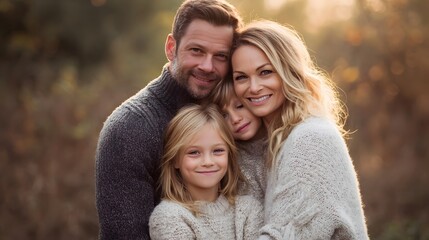 Fototapeta premium A happy family embraces outdoors in golden hour light