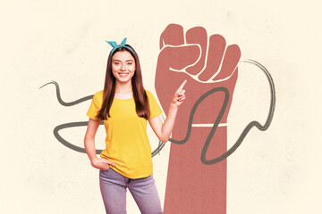 Poster image sketch full collage of happy girl guy stand strike fist support gesture demonstration...