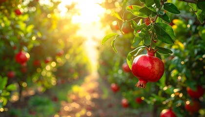 Pomegranate orchard, fruit-laden trees, sunlit path, vibrant red