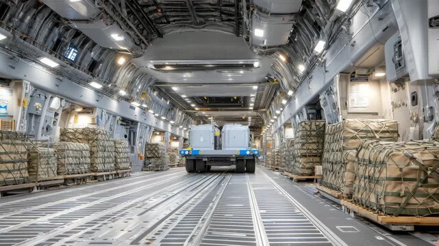 Cargo plane interior with massive tank in center, walls lined with support beams and storage racks, straps and chains glinting under bright overhead lighting