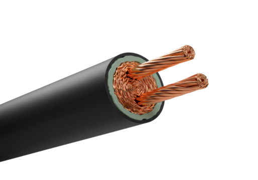 Extreme macro shot of a matte black electrical cable, precisely cut in half revealing gleaming copper strands, crisp insulation on a transparent background, dramatic studio lighting. Concept of