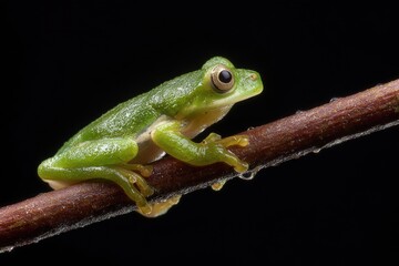Obraz premium A tiny green frog perched elegantly on a slender branch, its eye fixated with curiosity