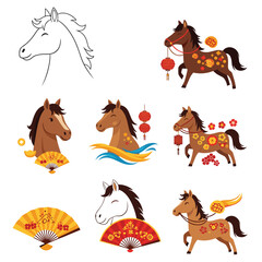 Artistic representations of horses adorned with decorative elements and traditional Chinese lanterns.