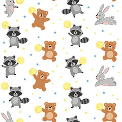 Cute woodland animals playing with the moon and stars