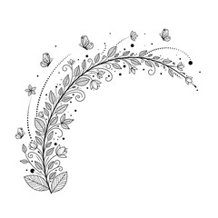 A decorative floral flourish with delicate leaves and swirling patterns.