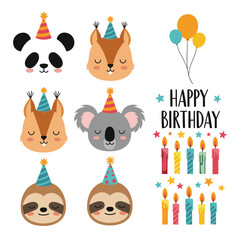 Cute cartoon animal faces wearing party hats and birthday candles.