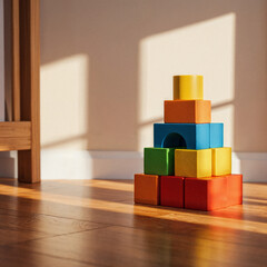 A colorful pyramid shaped stack of wooden blocks sits realistic Photography