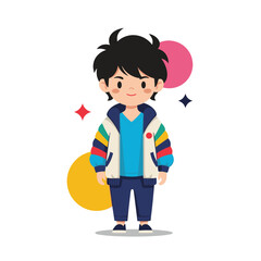 A cute cartoon boy with messy black hair wearing a colorful jacket and dark blue pants standing in front of abstract colorful circles and shapes.