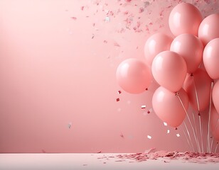 Floating confetti and pastel pink balloons against a light pink backdrop