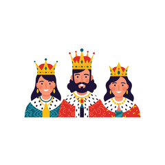 Three royalty figures wearing crowns and robes representing power and authority.