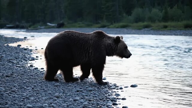 Grizzly bear walking along riverbank at dusk, showcasing natural behavior and serene environment, camera follows with smooth motion