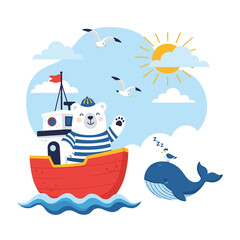 A cute bear captain waves from a boat near a friendly whale and seagulls under a sunny sky.