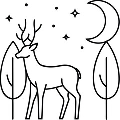 Deer standing in forest with moonlight outline illustration on transparent background