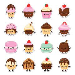 Adorable kawaii desserts with happy faces and sprinkles and frosting and cherries and chocolate syrup and hearts and dots